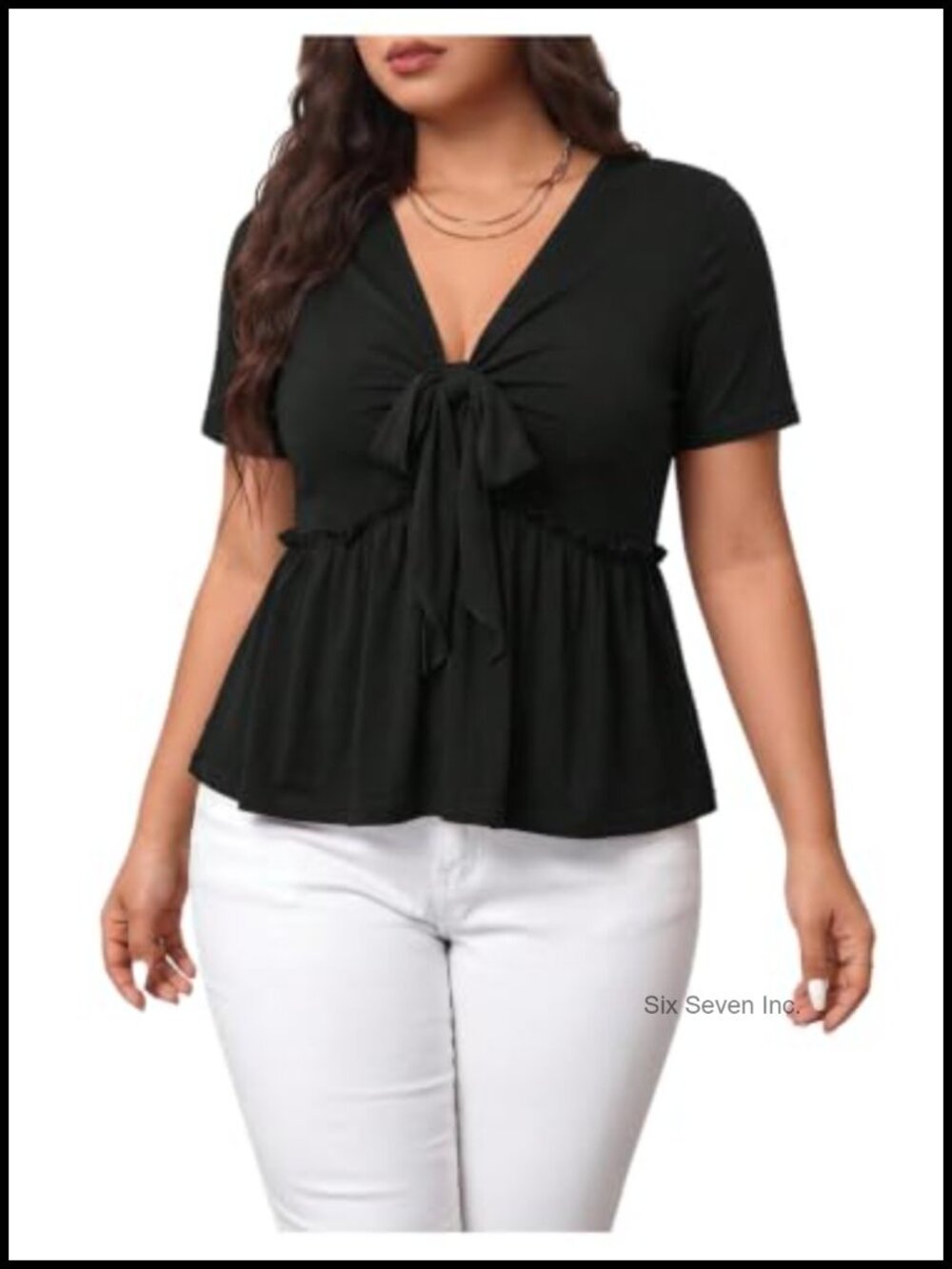 Plus Size Peplum Top V Neck Tie Front Short Sleeve Blouse